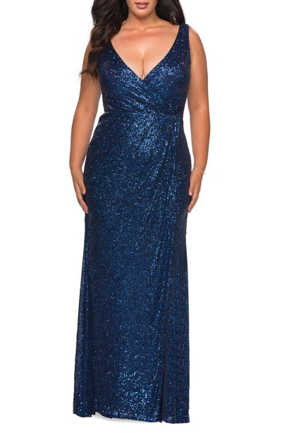 La Femme Sequin Faux Wrap Gown In Navy