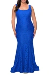 La Femme Beaded Stretch Lace Gown In Royal Blue