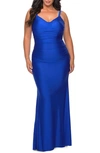 La Femme Long Ruched Jersey Dress In Royal Blue