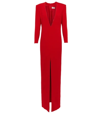 Saint Laurent Plunge Neck Long Sleeve Crepe Satin Column Gown In Red