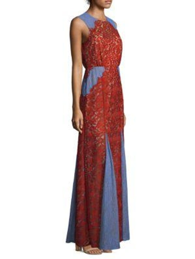 Bcbgmaxazria Marlyn Lace Colorblock Long Dress In Blue Combo