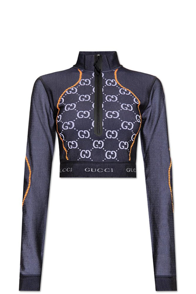 Gucci Gg-monogram Long-sleeved Jersey Crop Top In Grey