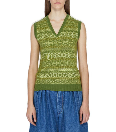 Maison Margiela Fair Isle Distressed-effect Knitted Waistcoat In Green
