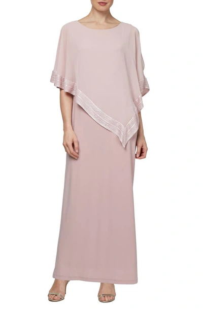 Sl Fashions Foil Trim Asymmetric Popover Capelet Gown In Faded Rose