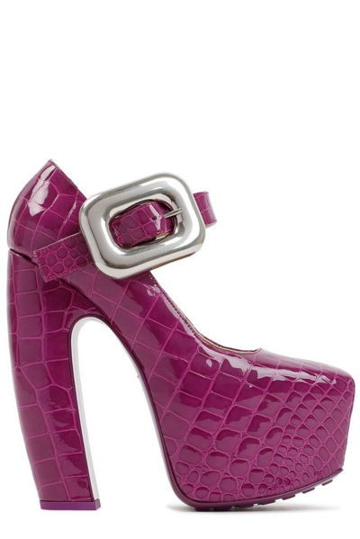 Bottega Veneta Croc-embossed Leather Mary-jane Platform Pumps In Pink &amp; Purple