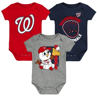 Outerstuff Babies' Newborn And Infant Boys And Girls Red, Navy, Gray Washington Nationals Change Up 3-pack Bodysuit Set In Red,navy