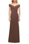 La Femme Ruched Surplice Jersey Gown In Cocoa
