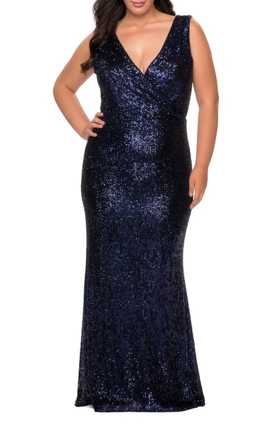 La Femme Sequin V-neck Trumpet Gown In Navy