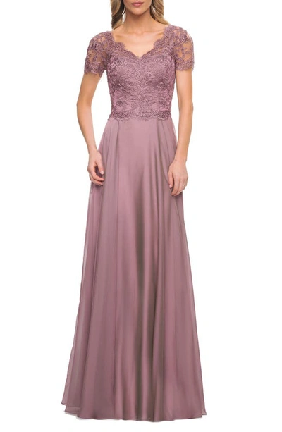 La Femme Long Chiffon Dress With Lace Bodice And Pockets In Purple
