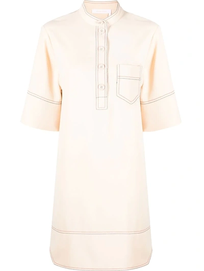 See By Chloé Contrast-stitch Short-sleeve Shift Dress In Macadamia Brown