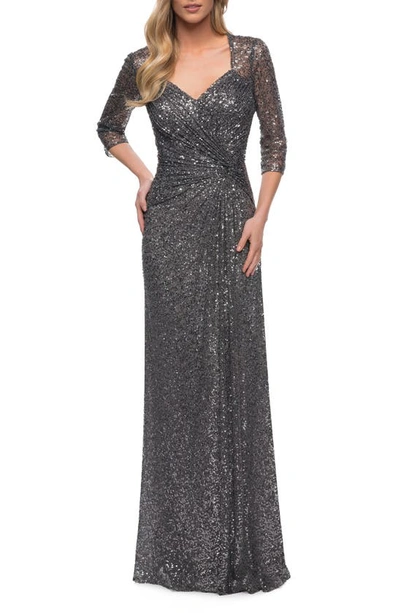 La Femme Ruched Sequin Column Gown In Grey