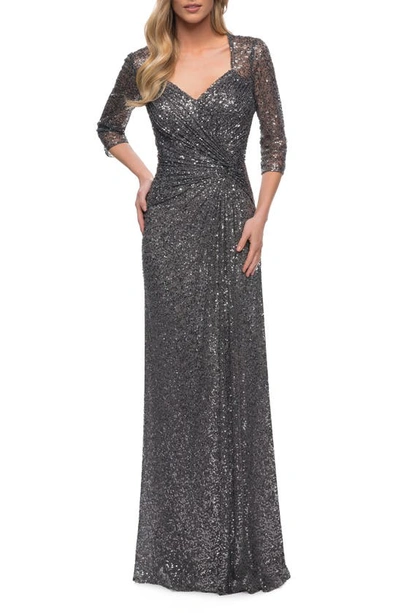 La Femme Ruched Sequin Column Gown In Gunmetal