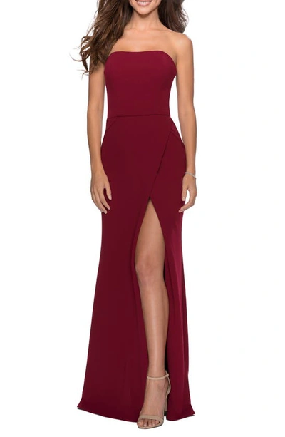 La Femme Strapless Double Cross Back Gown In Wine