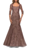 La Femme Floral Lace & Tulle Mermaid Gown In Cocoa