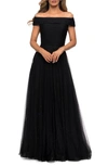 La Femme Embellished Off The Shoulder Mesh Gown In Black
