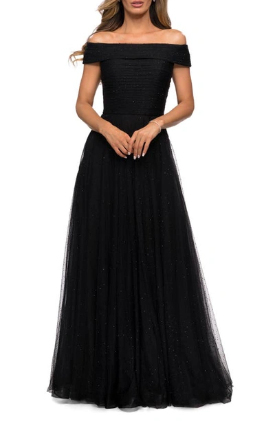 La Femme Embellished Off The Shoulder Mesh Gown In Black