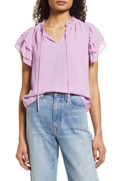 1.state Flutter Sleeve Split Neck Chiffon Blouse In Violet Tulle