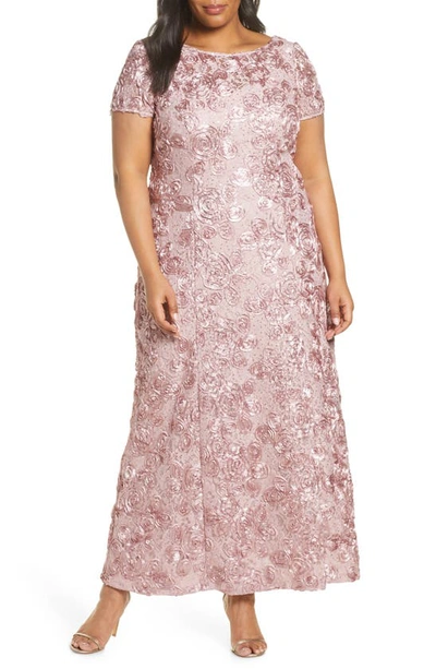 Alex Evenings Rosette Lace Short Sleeve A-line Gown