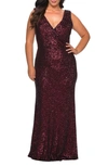 La Femme Sequin V-neck Trumpet Gown In Wine