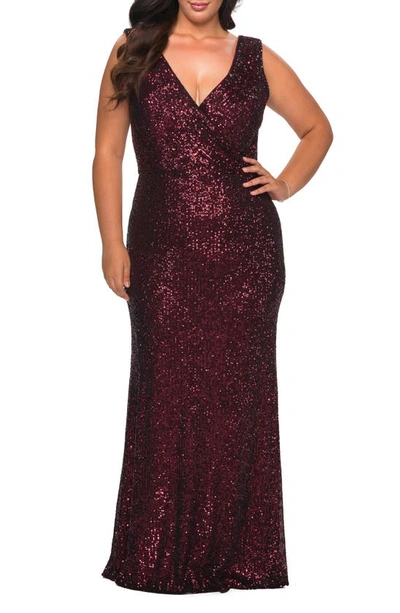 La Femme Sequin V-neck Trumpet Gown In Red