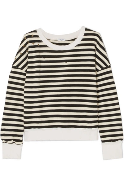 Splendid West Village Embellished Distressed Striped Cotton-blend Jersey Sweatshirt In Black/off White