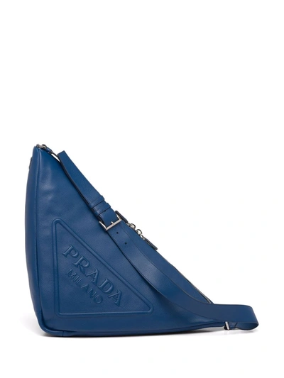 Prada Men's Saffiano Leather Logo Triangle Crossbody Bag In Bluette