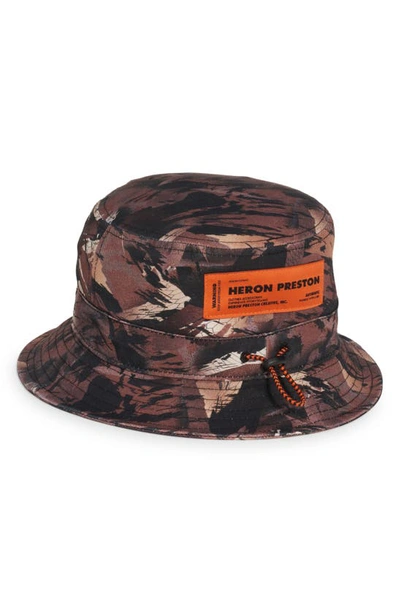 Heron Preston Camouflage Logo-patch Bucket Hat In Camo Brown White