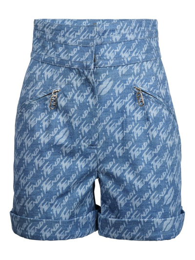 Fendi Brushed Logo High-waist Denim Shorts In Light Blue