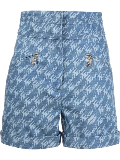 Fendi Brushed Logo High-waist Denim Shorts In Light Blue