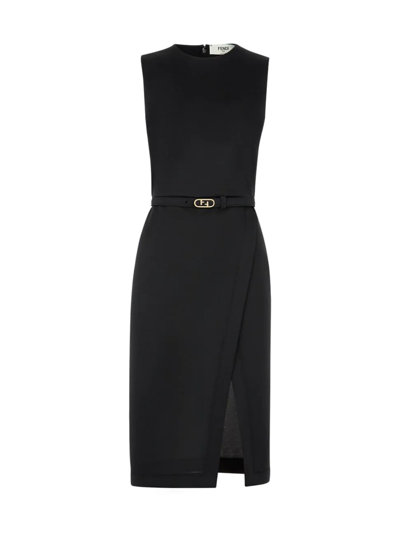 Fendi Sheath Pique Jersey Midi Dress W/ Matching Belt In Black