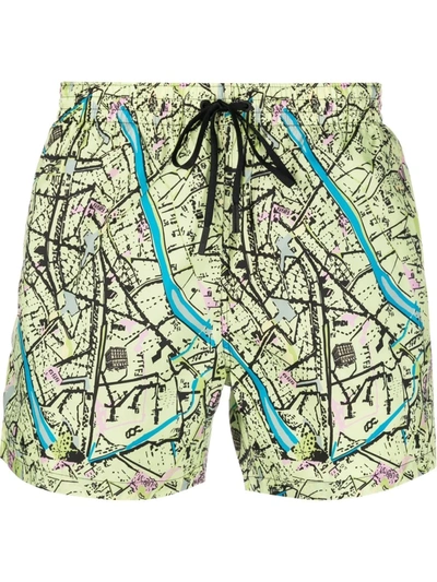 Fendi Map-print Regular-fit Silk Shorts In Green