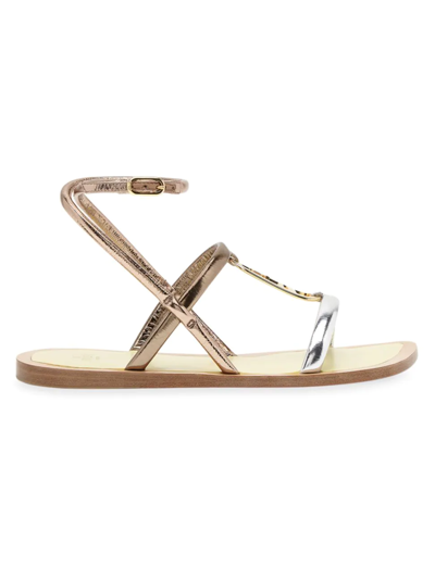Fendi Mix Leather Ankle-strap Flat Sandals In Gold