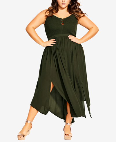 City Chic Trendy Plus Size Belize Deep V-neck Maxi Dress In Khaki