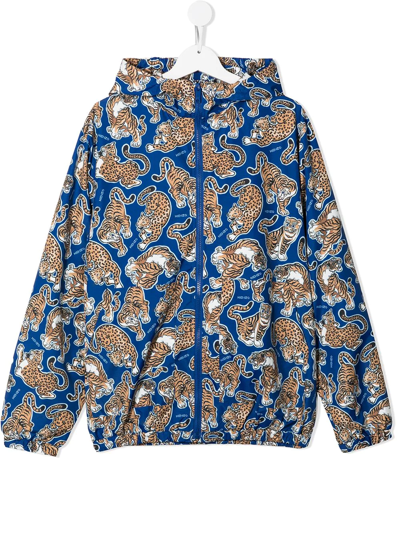 Kenzo Kids' Tiger & Leopard Print Hooded Windbreaker In Blue