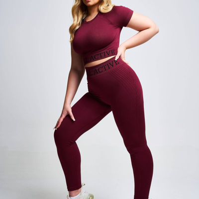 Twill Active Seamless High Waisted Panel Leggings In Burgundy - Burgundy-red