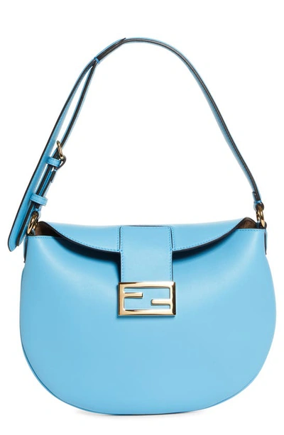 Fendi Small Croissant Leather Hobo In Cyber Blu Os