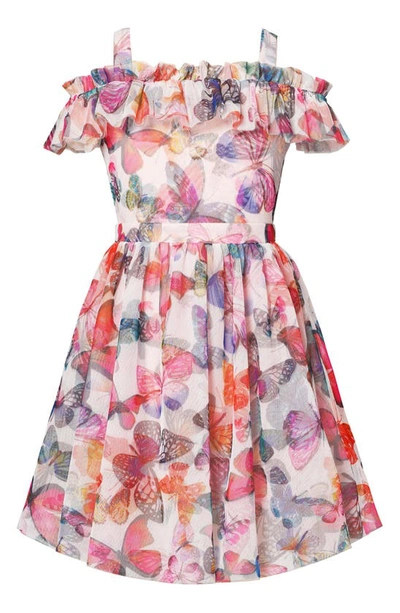 Hannah Banana Kids' Butterfly Print Cold Shoulder Dress In Pink Multi