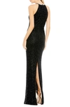 Mac Duggal Bugle Bead Halter Body-con Gown In Black