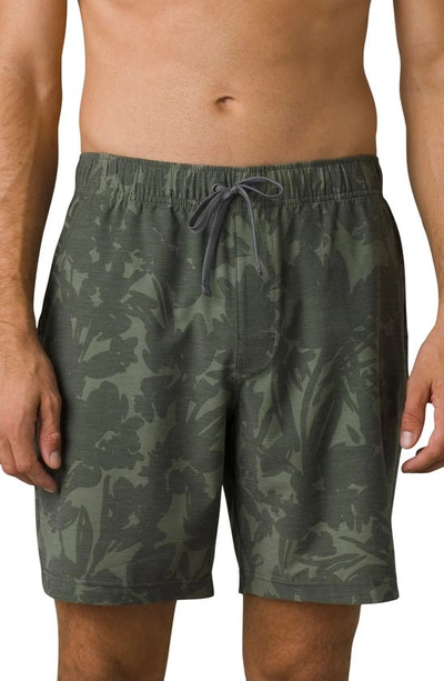 Prana Metric E-waist Recycled Polyester Blend Swim Trunks In Floral Camo
