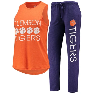 Concepts Sport Women's  Purple, Orange Clemson Tigers Tank Top And Pants Sleep Set In Purple,orange