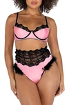 Roma Confidential Embroidery & Satin Underwire Bra & High Waisted Thong In Pink/ Black