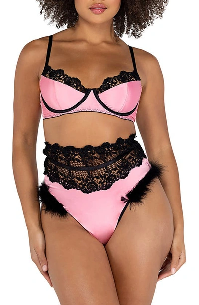 Roma Confidential Embroidery & Satin Underwire Bra & High Waisted Thong In Pink/ Black
