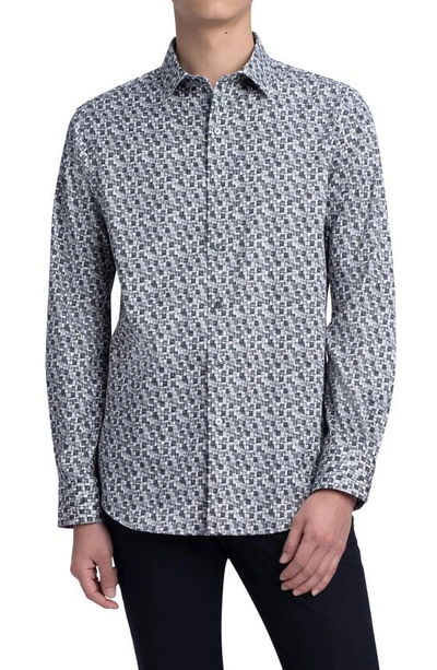 Bugatchi Shaped Fit Geo Print Stretch Cotton Button-up Shirt In Charcoal