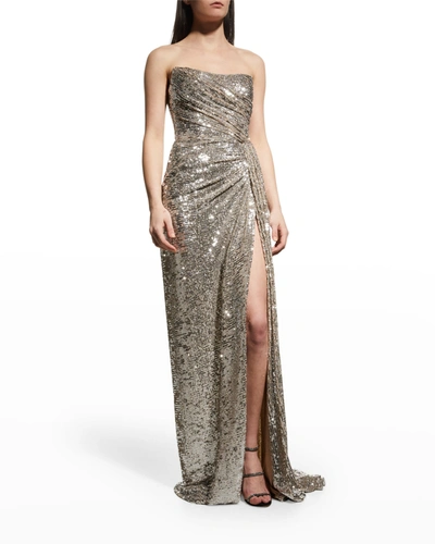 Monique Lhuillier Strapless Sequin-embellished Draped Gown In Chrome