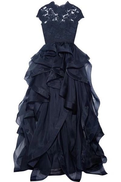 Reem Acra Corded Lace And Ruffled Silk-organza Gown In Navy