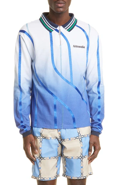 Ahluwalia Expression Zip-up Long-sleeved Polo Shirt In Blue,white