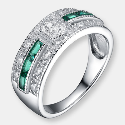 Genevive Sterling Silver Emerald Cubic Zirconia Pave Cocktail Ring In Green