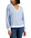 Lucky Brand Cloud Jersey Long Sleeve V-neck Top In Blue Anima