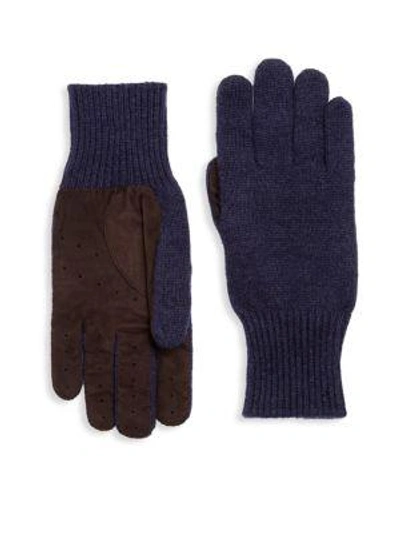 Brunello Cucinelli Cashmere Suede Rib-knit Gloves In Navy