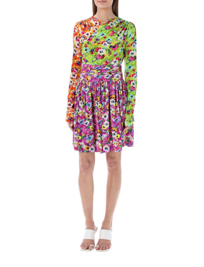 Msgm Woman Multicolored Floral Short Dress With Color Block Design In Black